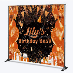 Aperturee - Aperturee Personalized Orange and Gold Birthday Bash Backdrop Glitter Balloons and Fireworks Custom Name Party Decor