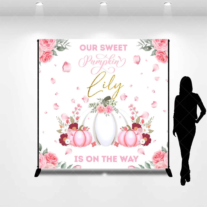 Aperturee - Aperturee Personalized Our Sweet Pumpkin is on the Way Backdrop Pink and White Floral Custom Name Girl Baby Shower Decor