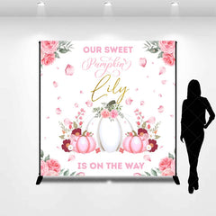 Aperturee - Aperturee Personalized Our Sweet Pumpkin is on the Way Backdrop Pink and White Floral Custom Name Girl Baby Shower Decor