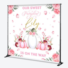 Aperturee - Aperturee Personalized Our Sweet Pumpkin is on the Way Backdrop Pink and White Floral Custom Name Girl Baby Shower Decor