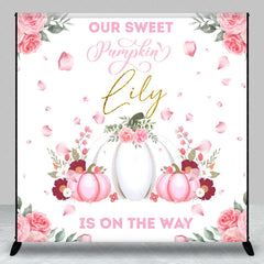 Aperturee - Aperturee Personalized Our Sweet Pumpkin is on the Way Backdrop Pink and White Floral Custom Name Girl Baby Shower Decor