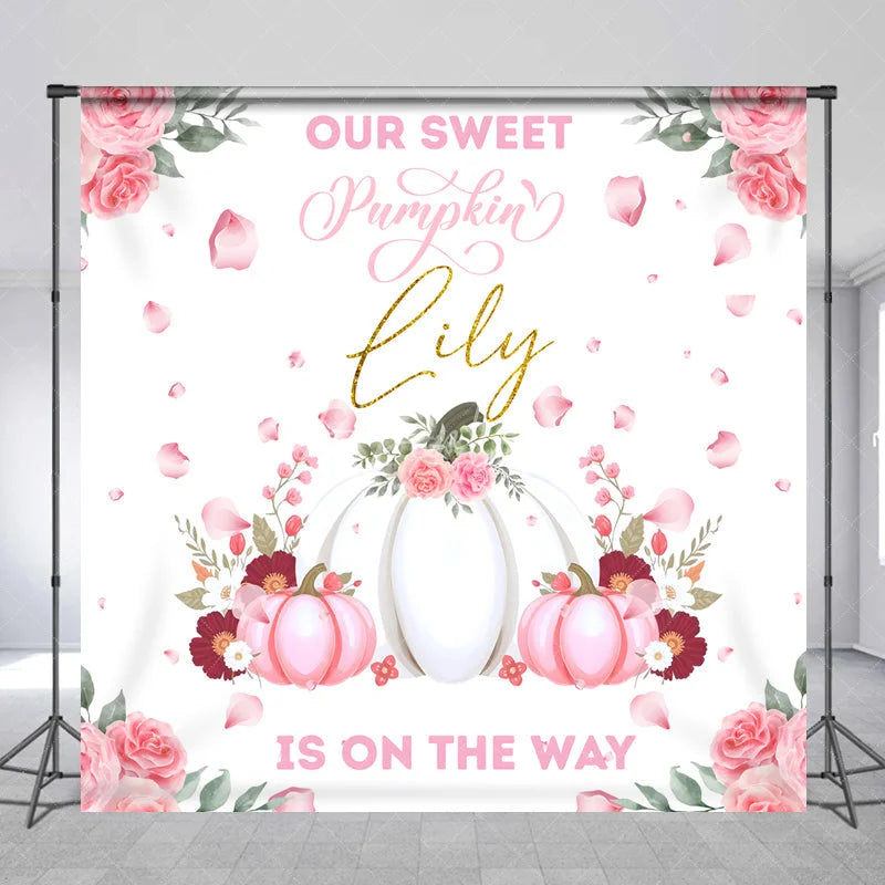 Aperturee - Aperturee Personalized Our Sweet Pumpkin is on the Way Backdrop Pink and White Floral Custom Name Girl Baby Shower Decor