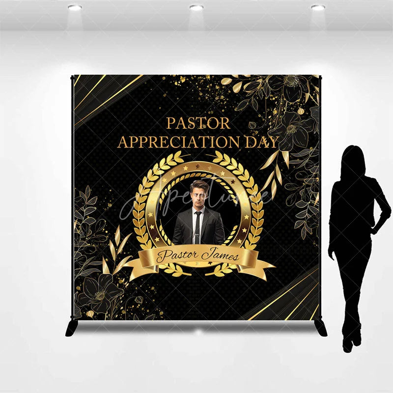 Aperturee - Aperturee Personalized Pastor Appreciation Day Backdrop Add Your Photo with Black and Gold Elegant Church Event Decor