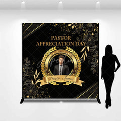 Aperturee - Aperturee Personalized Pastor Appreciation Day Backdrop Add Your Photo with Black and Gold Elegant Church Event Decor