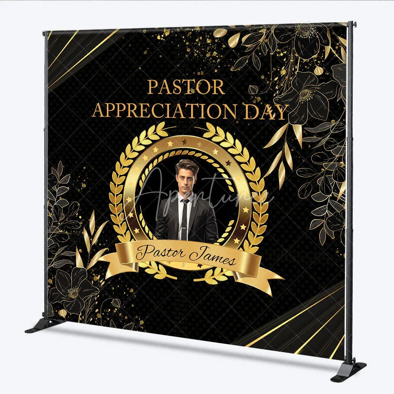 Aperturee - Aperturee Personalized Pastor Appreciation Day Backdrop Add Your Photo with Black and Gold Elegant Church Event Decor