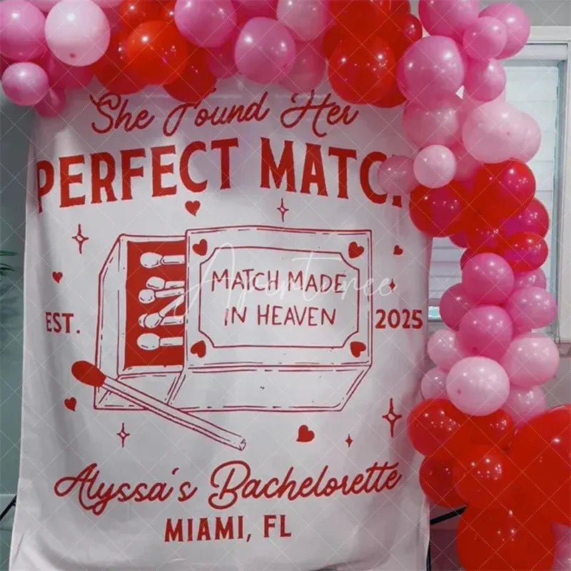 Aperturee - Aperturee Personalized Perfect Match Bridal Shower Backdrop Bachelorette Party and Matchbox Theme Decoration