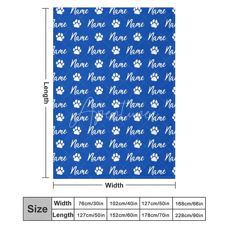 Aperturee - Aperturee Personalized Pet Blanket with Custom Name and Paw Prints for Dogs and Cats Blue Cozy Pet Bed Throw