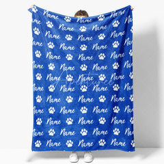 Aperturee - Aperturee Personalized Pet Blanket with Custom Name and Paw Prints for Dogs and Cats Blue Cozy Pet Bed Throw