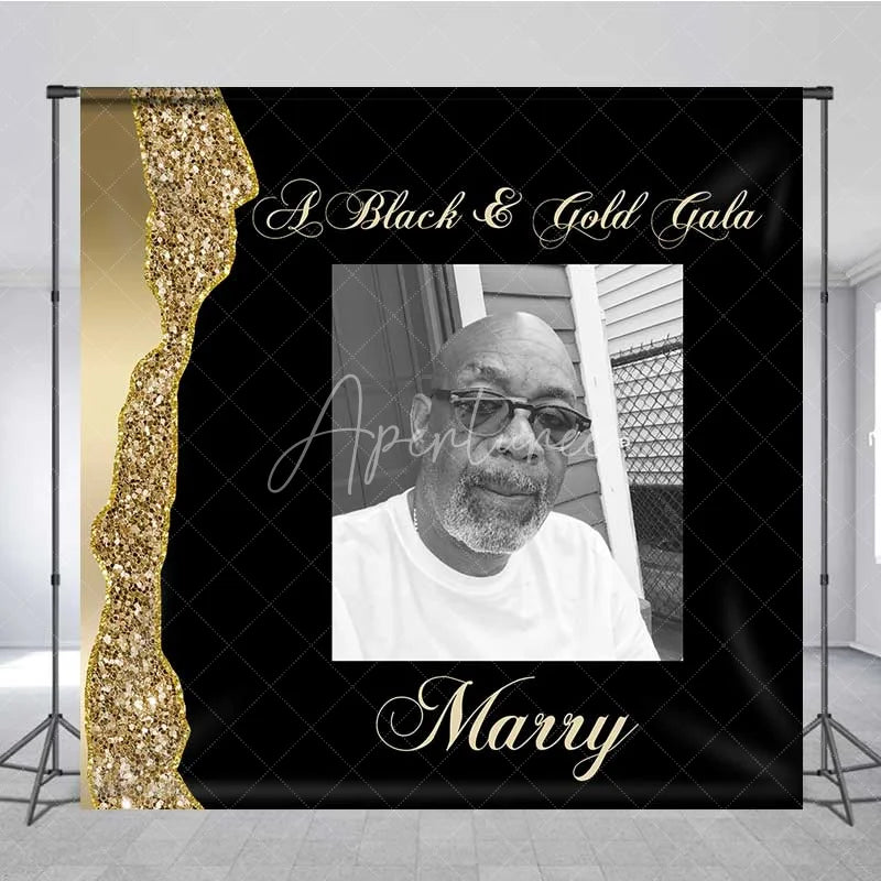 Aperturee - Aperturee Personalized Photo Custom Birthday Backdrop Black and Gold Glitter Gala Men Women Party Photography Background