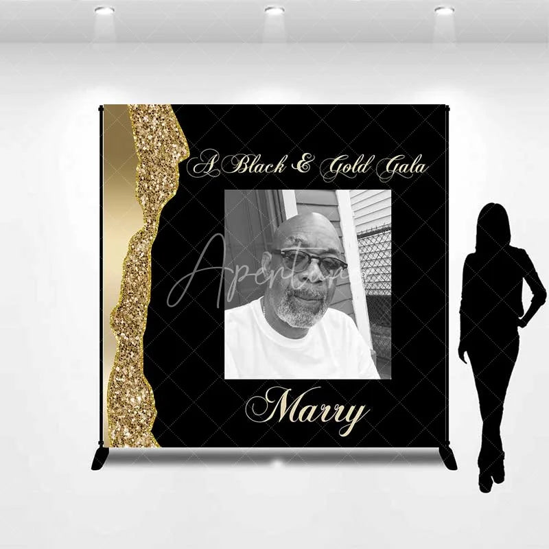 Aperturee - Aperturee Personalized Photo Custom Birthday Backdrop Black and Gold Glitter Gala Men Women Party Photography Background