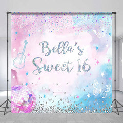 Aperturee - Aperturee Personalized Pink and Blue Glitter Sweet Sixteen Custom Backdrop with Butterflies and Disco Ball for Birthday Party