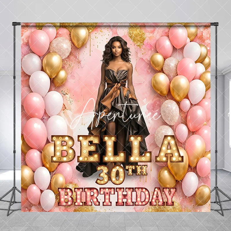 Aperturee - Aperturee Personalized Pink and Gold Balloons Birthday Custom Backdrop Elegant Woman in Gown Celebration Banner
