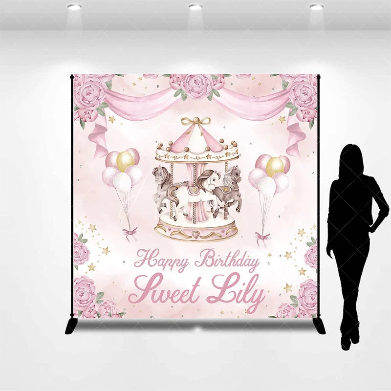 Aperturee - Aperturee Personalized Pink and Gold Carousel Custom Backdrop with Whimsical Horses and Peonies for Birthday Party Decor