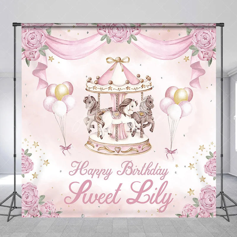 Aperturee - Aperturee Personalized Pink and Gold Carousel Custom Backdrop with Whimsical Horses and Peonies for Birthday Party Decor