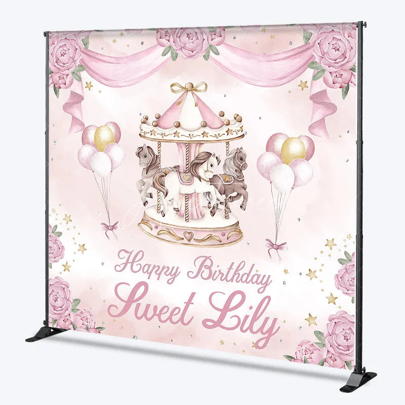 Aperturee - Aperturee Personalized Pink and Gold Carousel Custom Backdrop with Whimsical Horses and Peonies for Birthday Party Decor