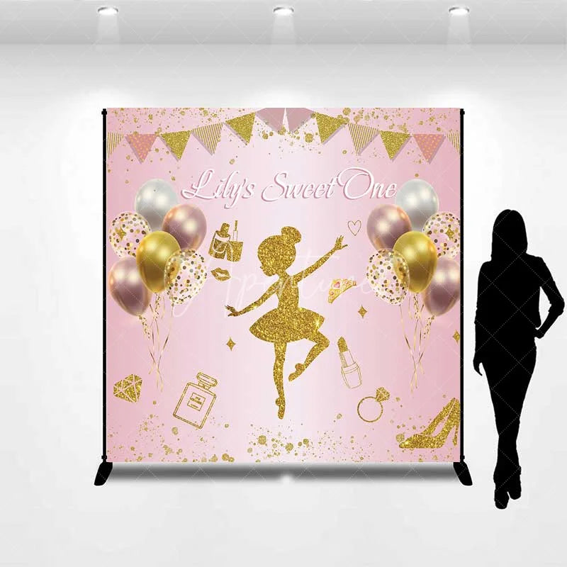 Aperturee - Aperturee Personalized Pink Ballerina Custom Birthday Backdrop Gold Glitter Balloons Girls Party Photography Background