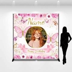 Aperturee - Aperturee Personalized Pink Floral Butterfly Custom Backdrop with Golden Glitter Photo Frame for Happy Birthday Party.