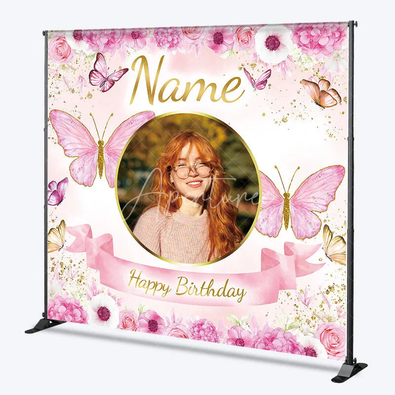 Aperturee - Aperturee Personalized Pink Floral Butterfly Custom Backdrop with Golden Glitter Photo Frame for Happy Birthday Party.
