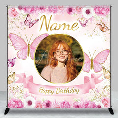 Aperturee - Aperturee Personalized Pink Floral Butterfly Custom Backdrop with Golden Glitter Photo Frame for Happy Birthday Party.