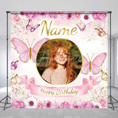 Aperturee - Aperturee Personalized Pink Floral Butterfly Custom Backdrop with Golden Glitter Photo Frame for Happy Birthday Party.