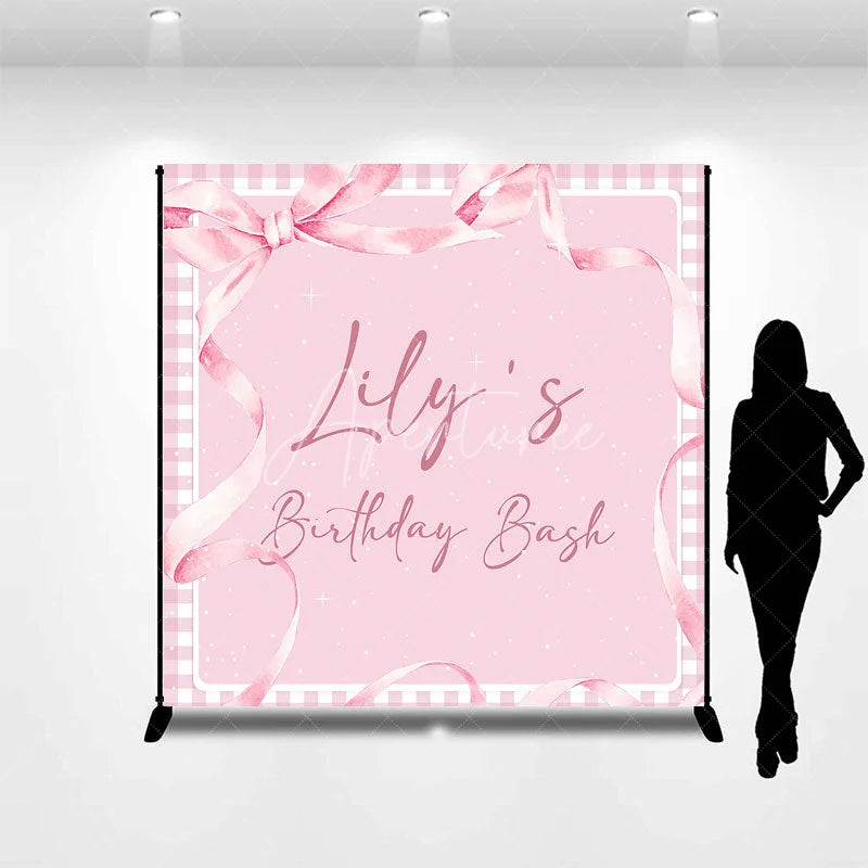 Aperturee - Aperturee Personalized Pink Gingham Birthday Bash Custom Backdrop featuring Elegant Watercolor Ribbons and Bow for Girls Party