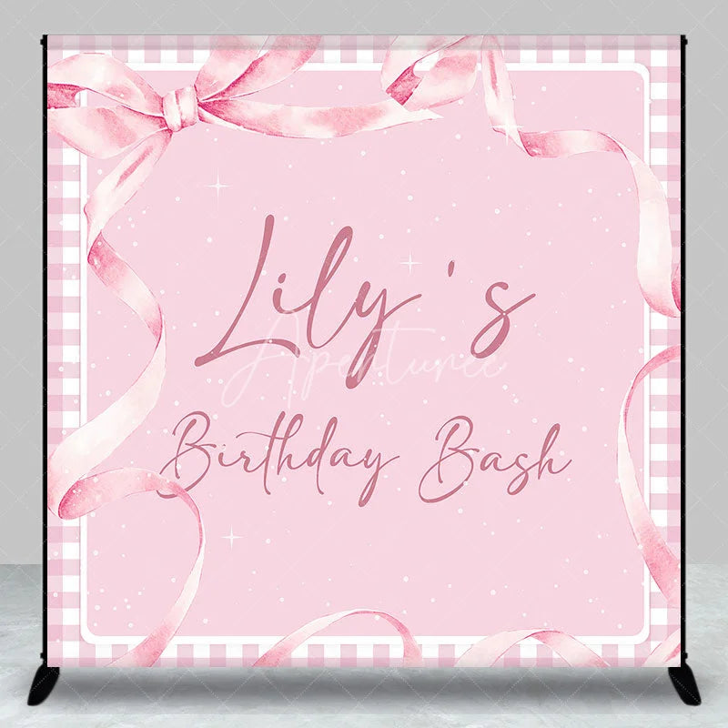 Aperturee - Aperturee Personalized Pink Gingham Birthday Bash Custom Backdrop featuring Elegant Watercolor Ribbons and Bow for Girls Party