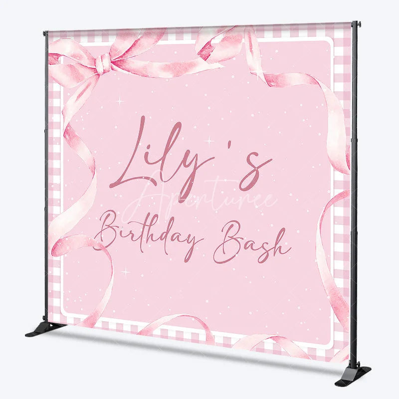 Aperturee - Aperturee Personalized Pink Gingham Birthday Bash Custom Backdrop featuring Elegant Watercolor Ribbons and Bow for Girls Party