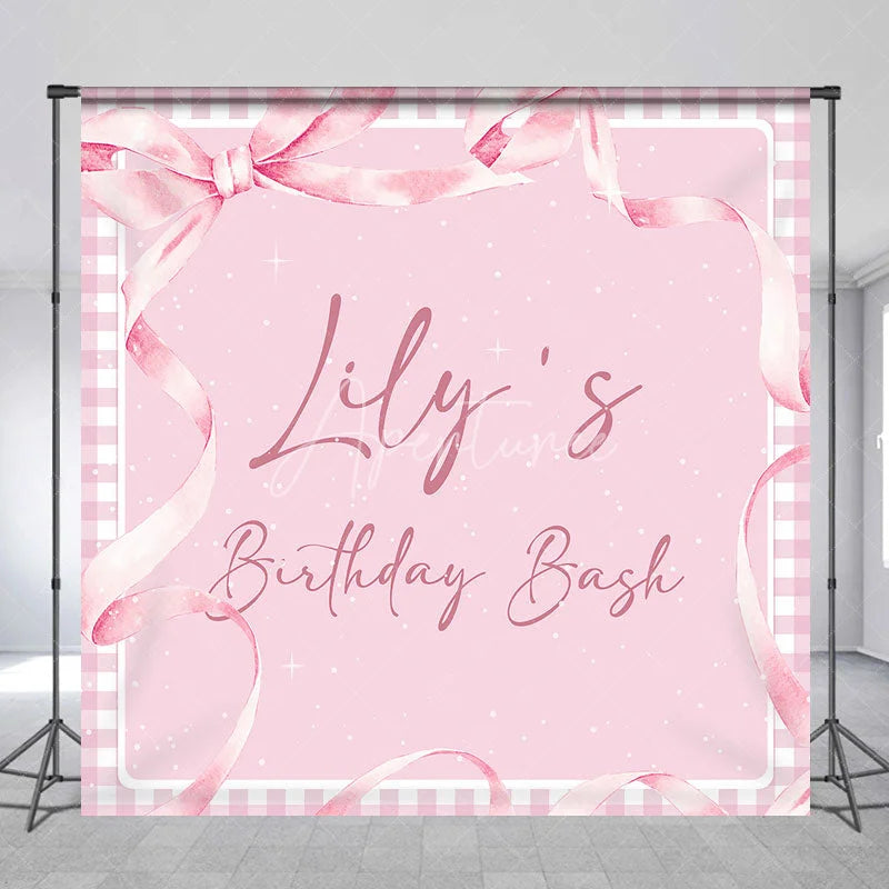 Aperturee - Aperturee Personalized Pink Gingham Birthday Bash Custom Backdrop featuring Elegant Watercolor Ribbons and Bow for Girls Party