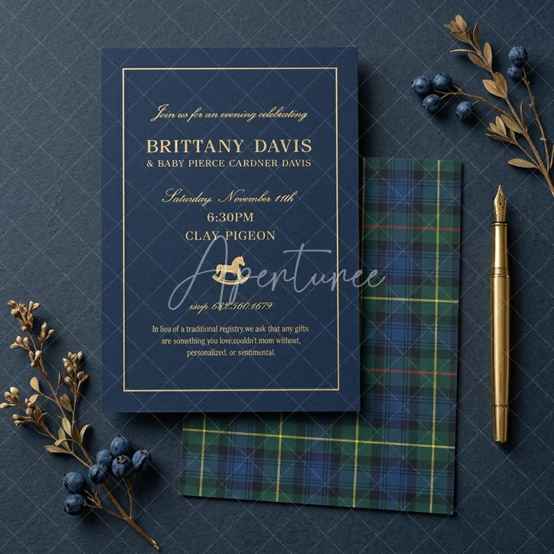 Aperturee - Aperturee Set of 20 Personalized Plaid Rocking Horse Baby Shower Invitation Custom Dark Blue and Gold Celebration Design