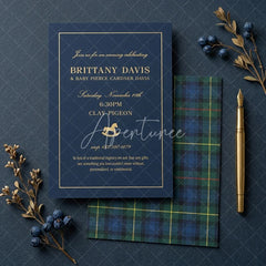 Aperturee - Aperturee Set of 20 Personalized Plaid Rocking Horse Baby Shower Invitation Custom Dark Blue and Gold Celebration Design