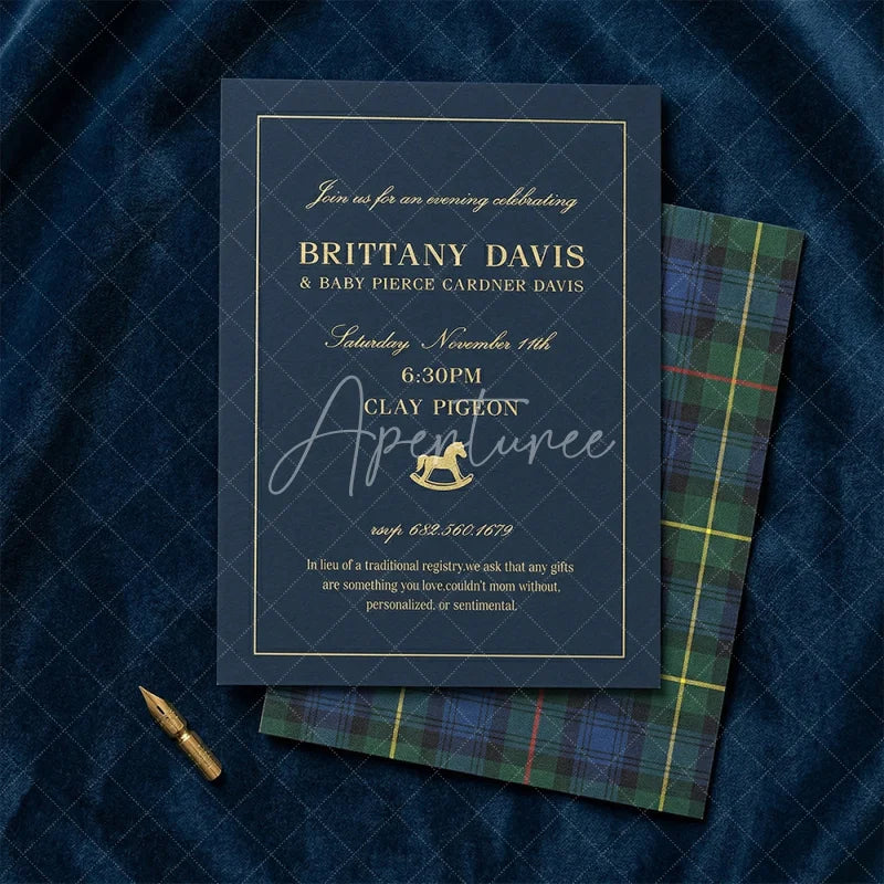 Aperturee - Aperturee Set of 20 Personalized Plaid Rocking Horse Baby Shower Invitation Custom Dark Blue and Gold Celebration Design