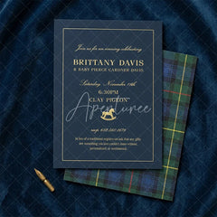 Aperturee - Aperturee Set of 20 Personalized Plaid Rocking Horse Baby Shower Invitation Custom Dark Blue and Gold Celebration Design