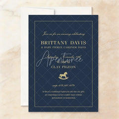Aperturee - Aperturee Set of 20 Personalized Plaid Rocking Horse Baby Shower Invitation Custom Dark Blue and Gold Celebration Design
