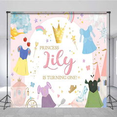 Aperturee - Aperturee Personalized Princess 1st Birthday Round Backdrop Fairytale Castle Custom Name