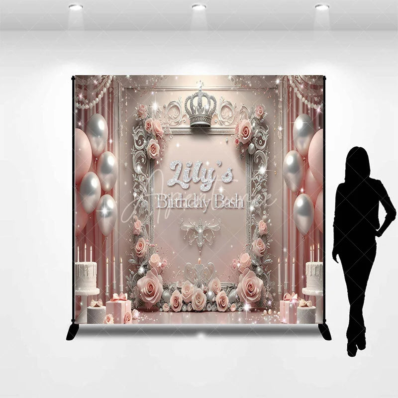 Aperturee - Aperturee Personalized Princess Birthday Bash Backdrop Royal Pink and Silver with Crown Elegant Queen Themed Party Decor