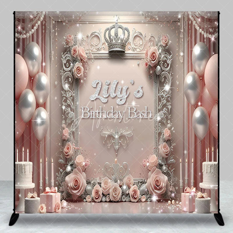 Aperturee - Aperturee Personalized Princess Birthday Bash Backdrop Royal Pink and Silver with Crown Elegant Queen Themed Party Decor