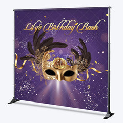 Aperturee - Aperturee Personalized Purple and Gold Masquerade Mask Custom Backdrop for Birthday Bash Party Featuring Feathers and Rose
