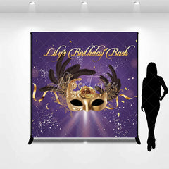 Aperturee - Aperturee Personalized Purple and Gold Masquerade Mask Custom Backdrop for Birthday Bash Party Featuring Feathers and Rose