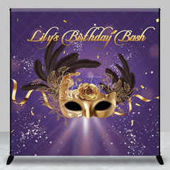 Aperturee - Aperturee Personalized Purple and Gold Masquerade Mask Custom Backdrop for Birthday Bash Party Featuring Feathers and Rose