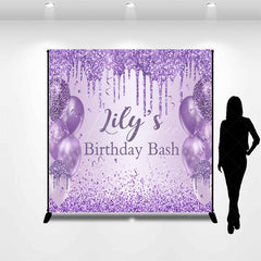 Aperturee - Aperturee Personalized Purple Glitter Birthday Backdrop Glam Drip and Balloons Party Decor Custom Name Birthday Bash Banner