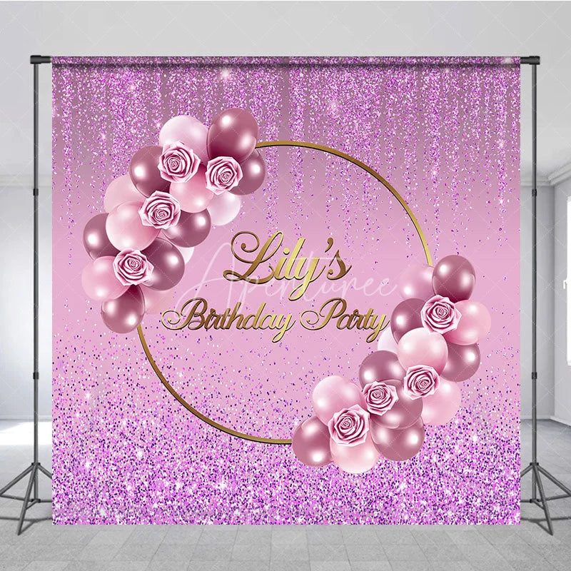 Aperturee - Aperturee Personalized Purple Glitter Birthday Backdrop Pink Roses and Balloons Background Custom Name Party Banner