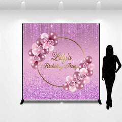 Aperturee - Aperturee Personalized Purple Glitter Birthday Backdrop Pink Roses and Balloons Background Custom Name Party Banner