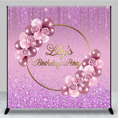 Aperturee - Aperturee Personalized Purple Glitter Birthday Backdrop Pink Roses and Balloons Background Custom Name Party Banner