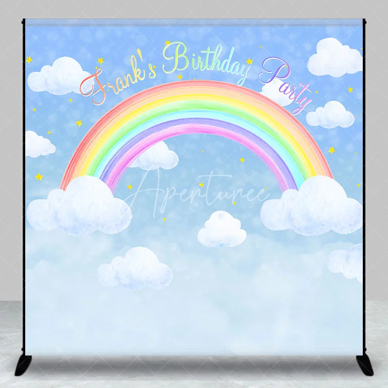 Aperturee - Aperturee Personalized Rainbow Birthday Backdrop Watercolor Clouds in a Blue Sky Custom Name Pastel Party Photo Booth