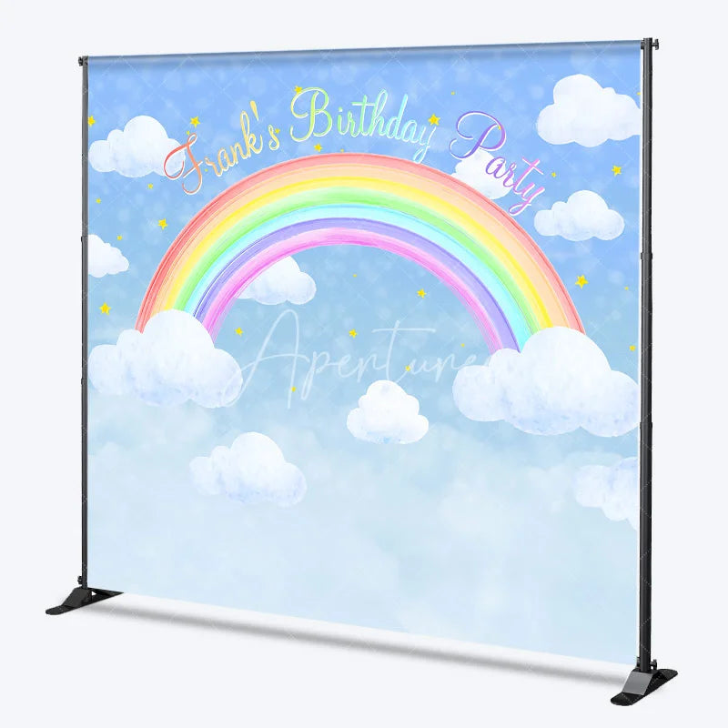 Aperturee - Aperturee Personalized Rainbow Birthday Backdrop Watercolor Clouds in a Blue Sky Custom Name Pastel Party Photo Booth