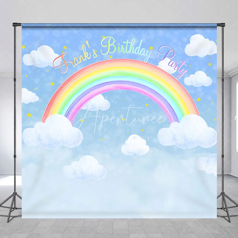 Aperturee - Aperturee Personalized Rainbow Birthday Backdrop Watercolor Clouds in a Blue Sky Custom Name Pastel Party Photo Booth