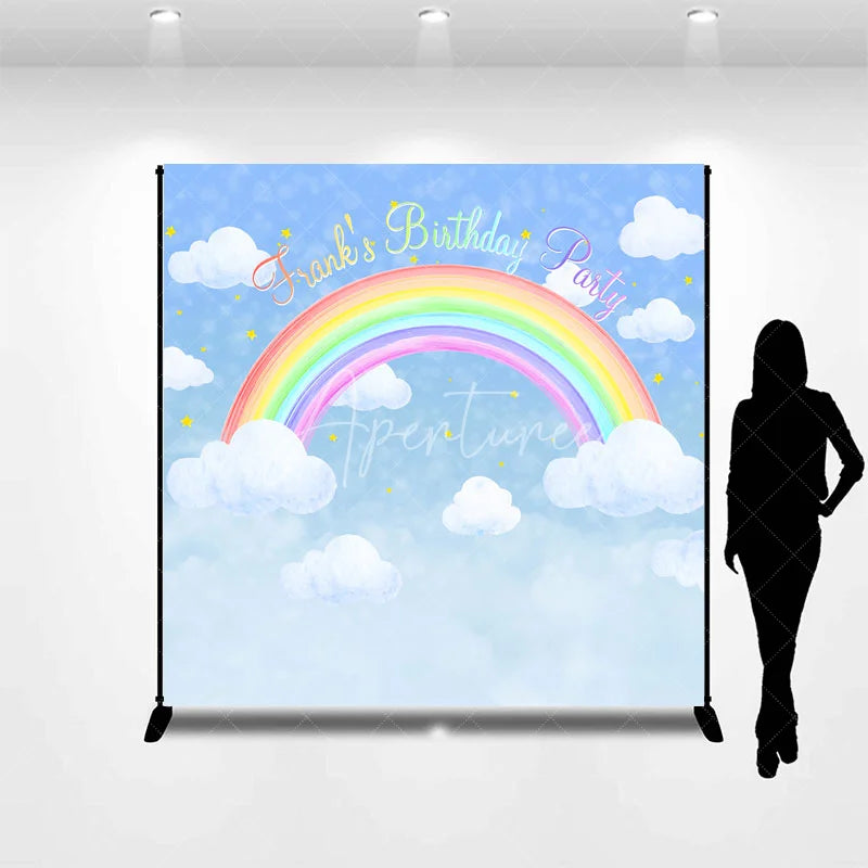 Aperturee - Aperturee Personalized Rainbow Birthday Backdrop Watercolor Clouds in a Blue Sky Custom Name Pastel Party Photo Booth