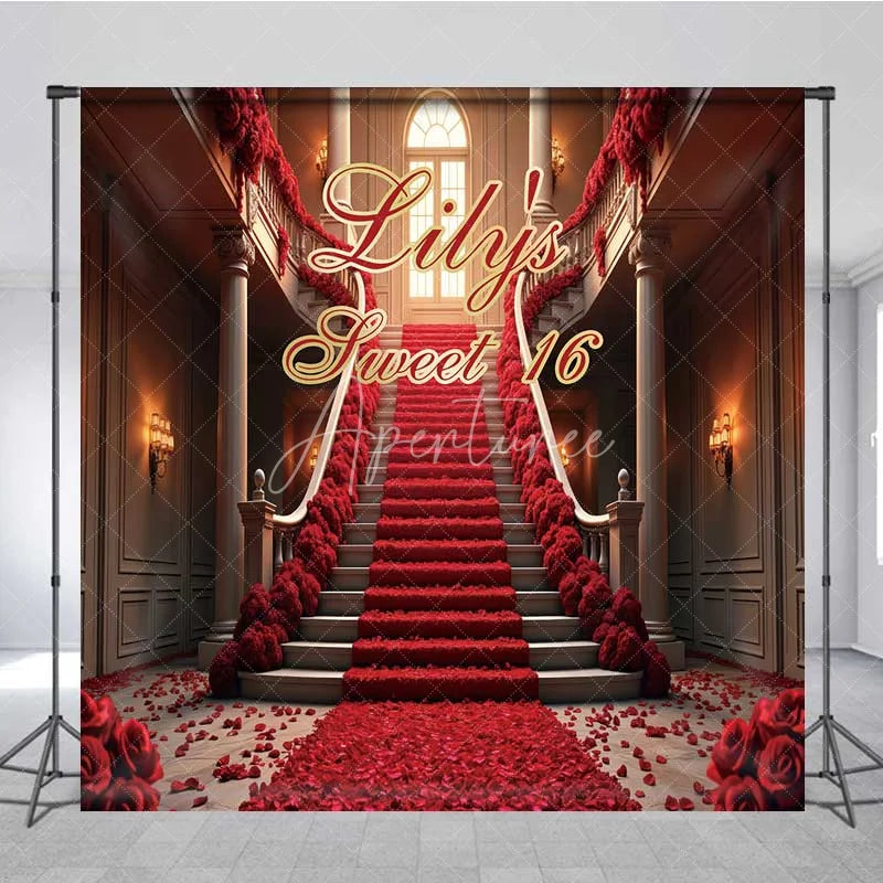 Aperturee - Aperturee Personalized Red Rose Staircase Custom Birthday Backdrop Elegant Mansion Sweet 16 Party Photography Background