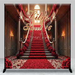 Aperturee - Aperturee Personalized Red Rose Staircase Custom Birthday Backdrop Elegant Mansion Sweet 16 Party Photography Background