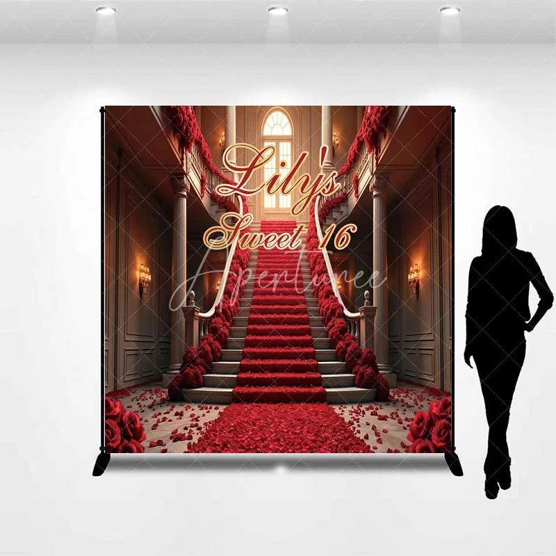 Aperturee - Aperturee Personalized Red Rose Staircase Custom Birthday Backdrop Elegant Mansion Sweet 16 Party Photography Background